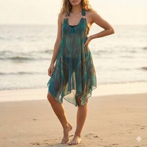 Bellissima Swimwear Halter Neck Cover Up Dress Womens Small Medium Teal Gold NWT